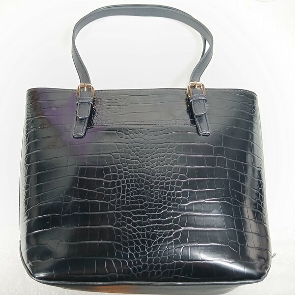 Anne Klein Black Faux Croc Embossed Leather Tote Shoulder Bag Medium VGUC - Picture 4 of 14